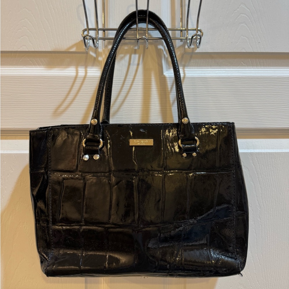 KATE SPADE Elena Knightsbridge Croc Embossed Black Leather Designer Shoulder Bag